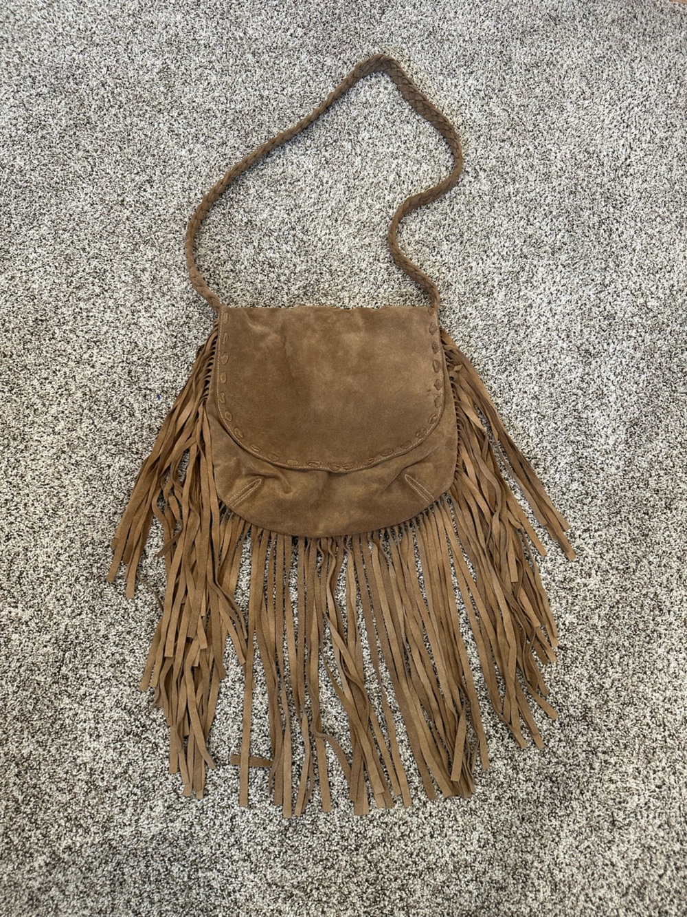 JJ Winters Brown Suede Fringe Crossbody Bag Braided Strap